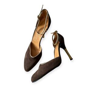 Charles Jourdan Brown Suede Ankle Strap Pumps With‎  Gold Metal Heel, Size 8 1/2